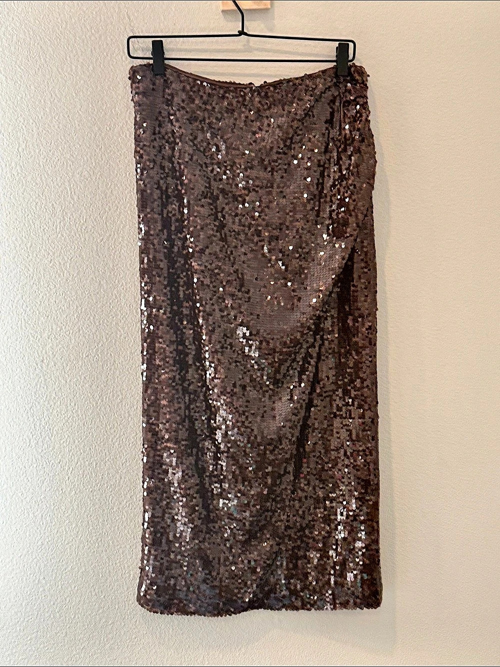 NWT LOFT Full Sequin Midi Faux Wrap Skirt Espresso Brown Size 8